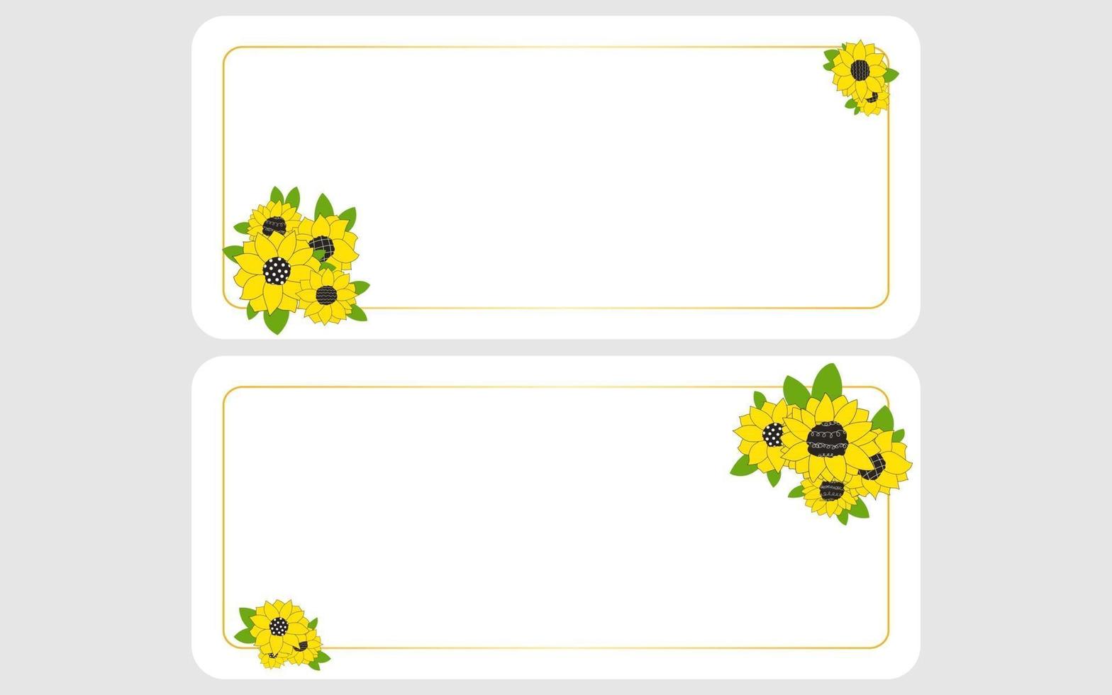 Gold rectangle frame with sunflowers Flowers for a wedding invitation happy birthday Line vector illustration of doodles collection