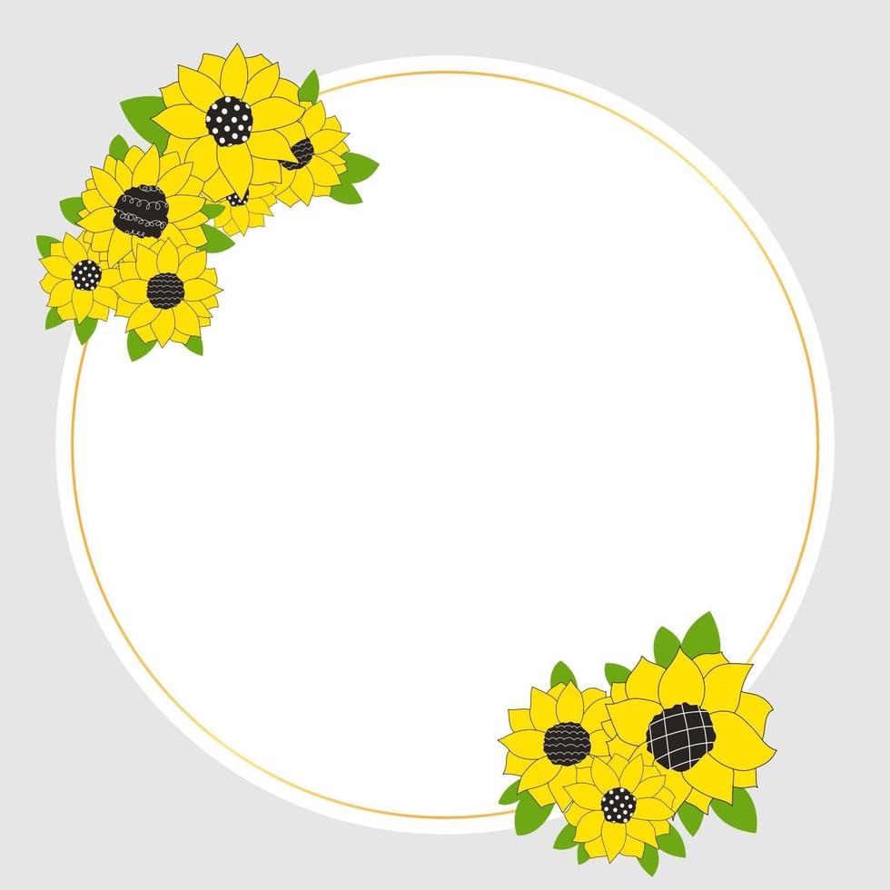 Gold circle white frame with sunflowers Flowers for a wedding invitation happy birthday Line vector illustration of doodles