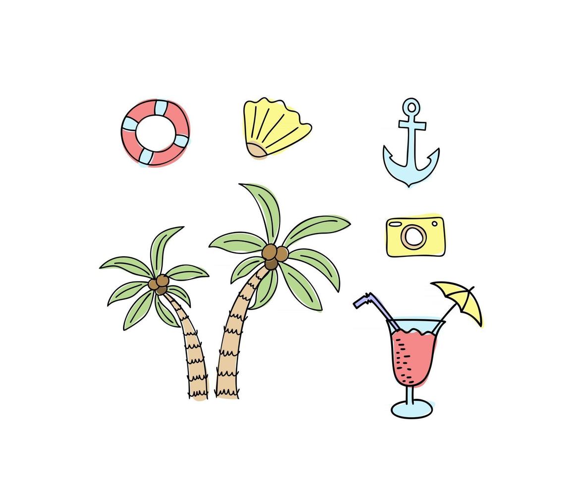 concha de mar, ancla, palmeras y cámara para viajes de playa, diseño de verano. elementos de diseño dibujados a mano. ilustración vectorial. vacaciones de verano vector