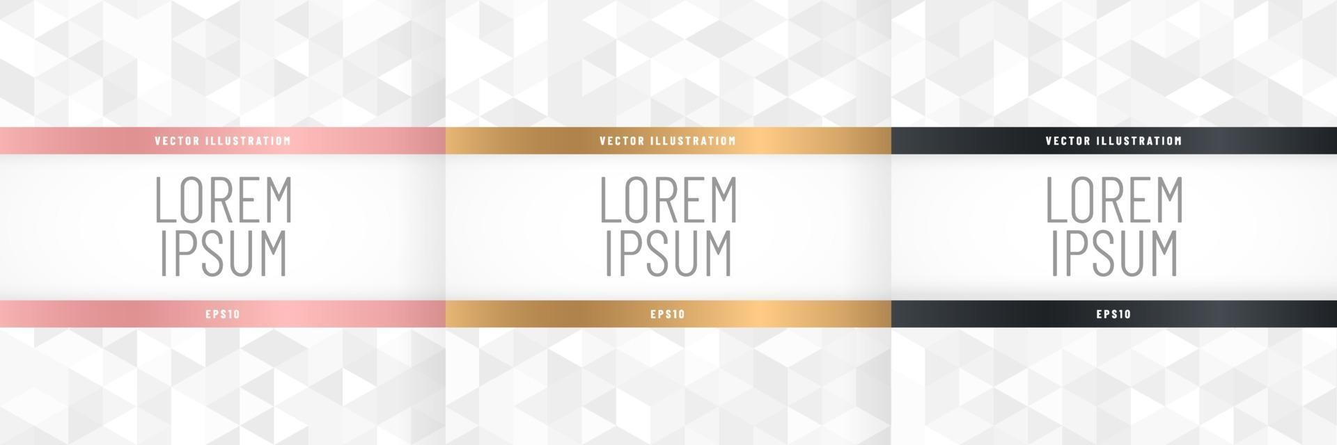 Set of abstract luxury white grey triangle pattern design background with copy space. Modern and minimal rose gold, golden and carbon frame. vector