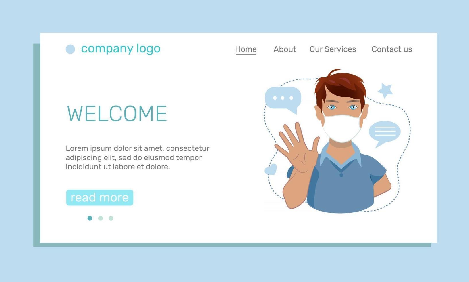 The concept of health safety. A landing page template with a young man in a medical mask waving his hand in greeting. Cartoon vector illustration.