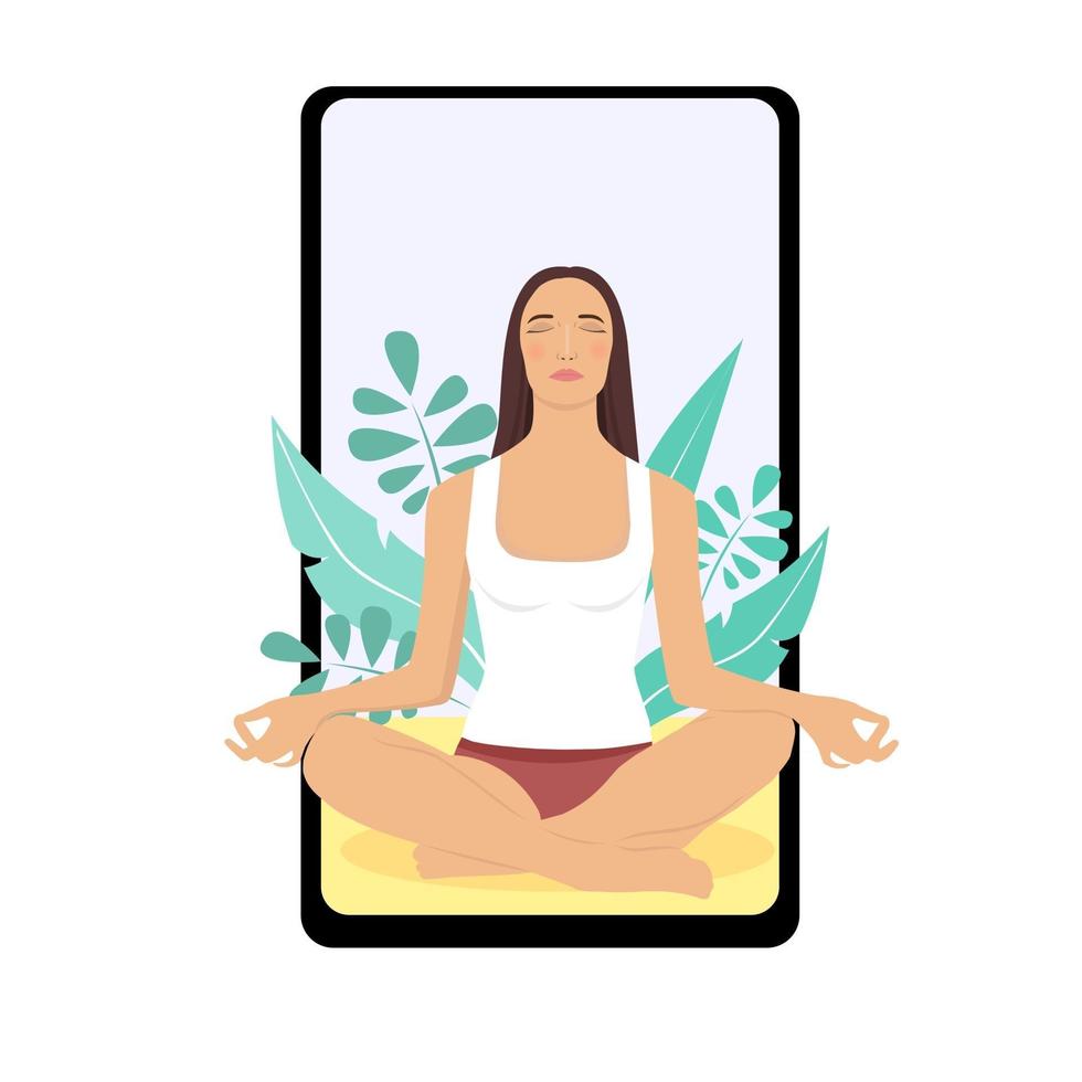 Concept illustration for yoga healthy lifestyle. The image of a woman meditating on nature displayed on the smartphone screen. Illustration in flat cartoon style. vector