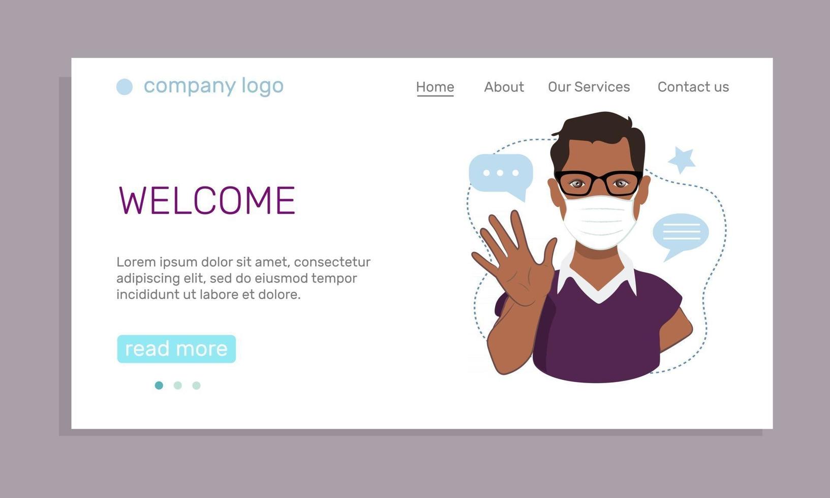 The concept of health safety. A landing page template with a young afro american man in a medical mask waving his hand in greeting. Cartoon vector illustration.