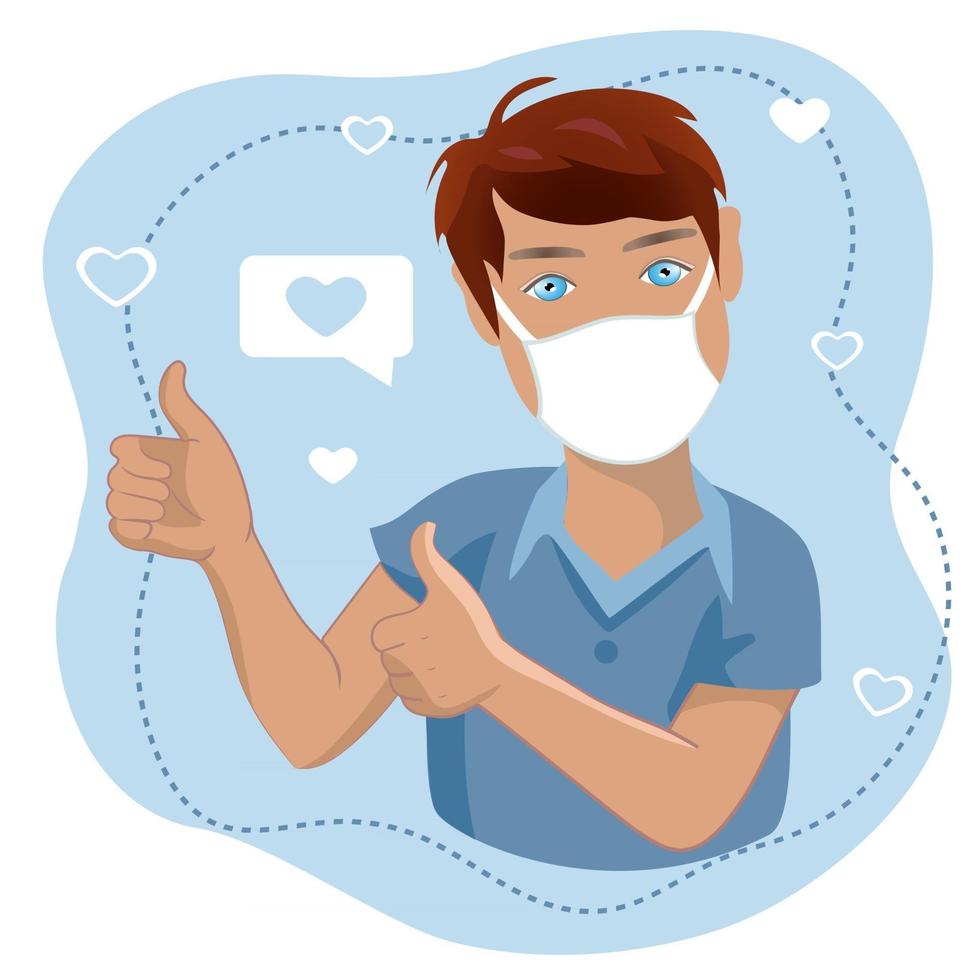 A man with thumbs up in medical face mask isolated on white background. Cartoon male character with thumbs up gesture  in medical face mask, vector illustration.