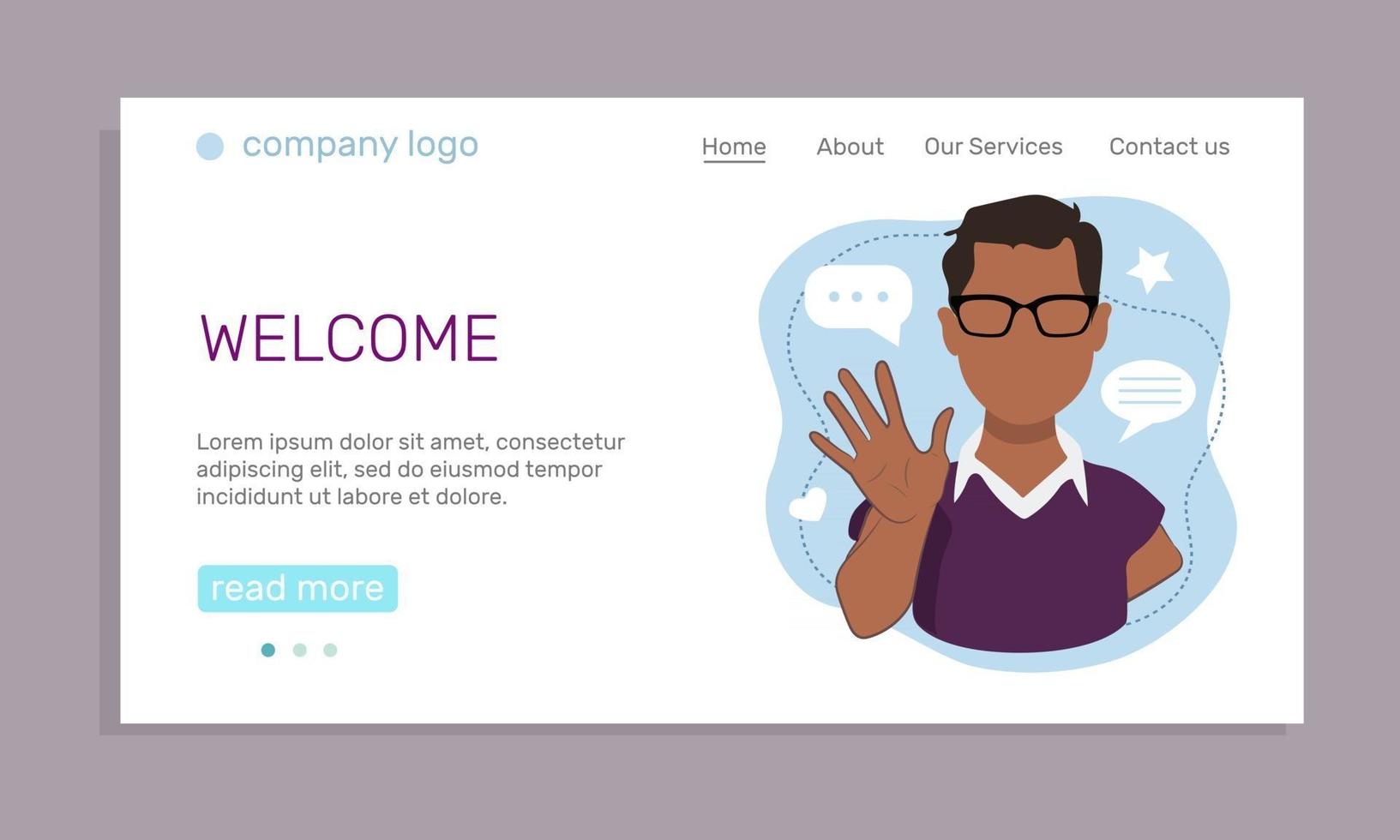 Business concept. A landing page template with a young afro american man  waving his hand in greeting. Cartoon vector illustration.