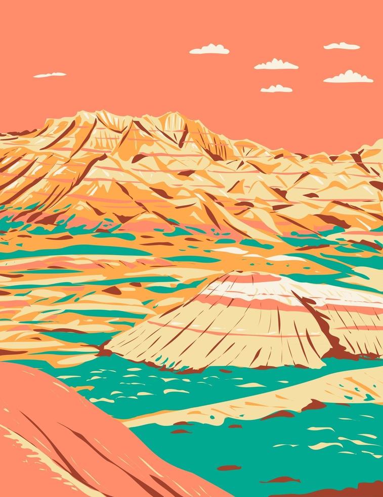 Dramatic Landscape of Layered Rock Formations in Badlands National Park South Dakota United States of America WPA Poster Art vector