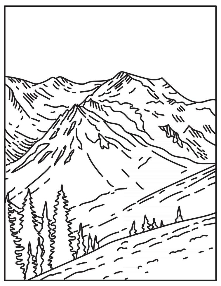 Summit of Glacier Clad Mount Olympus in Olympic National Park Located in Washington State United States Mono Line or Monoline Black and White Line Art vector