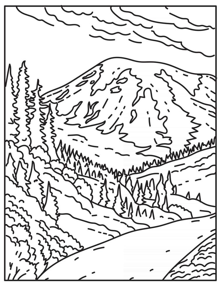 Mount Rainier en el Parque Nacional Mount Rainier ubicado en el estado de Washington Estados Unidos Mono line o Monoline Arte lineal en blanco y negro vector