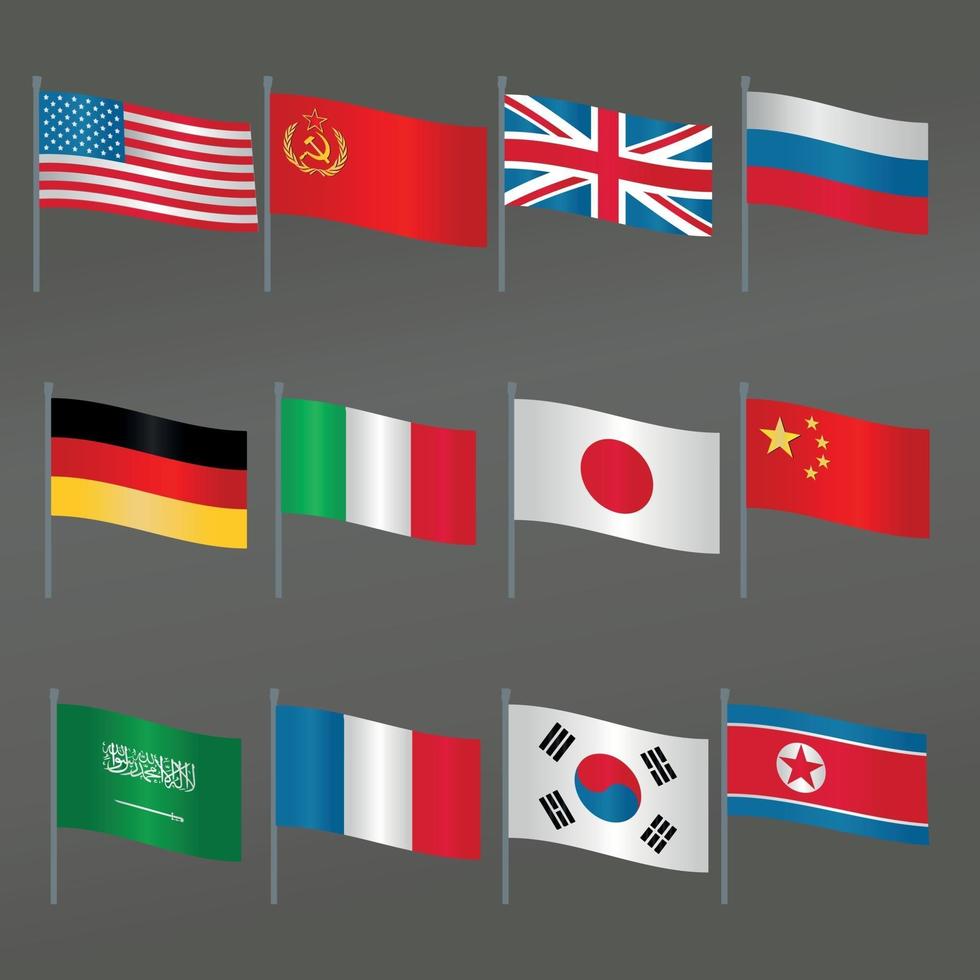 conjunto de colección de los 12 iconos de mástiles de bandera más grandes de países que han influido mucho en el vector plano mundial