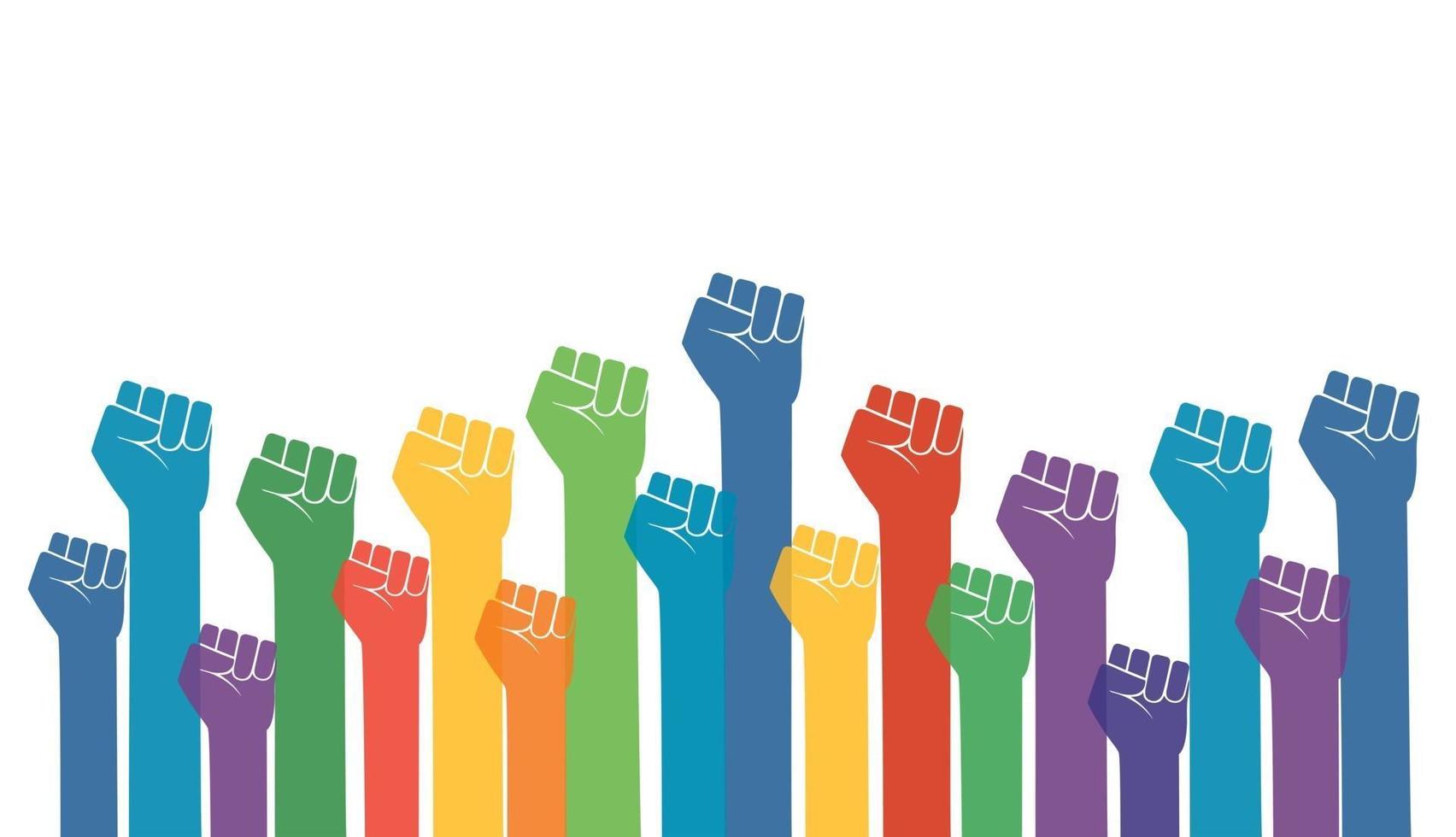 Group of fists raised in air. vector illustration