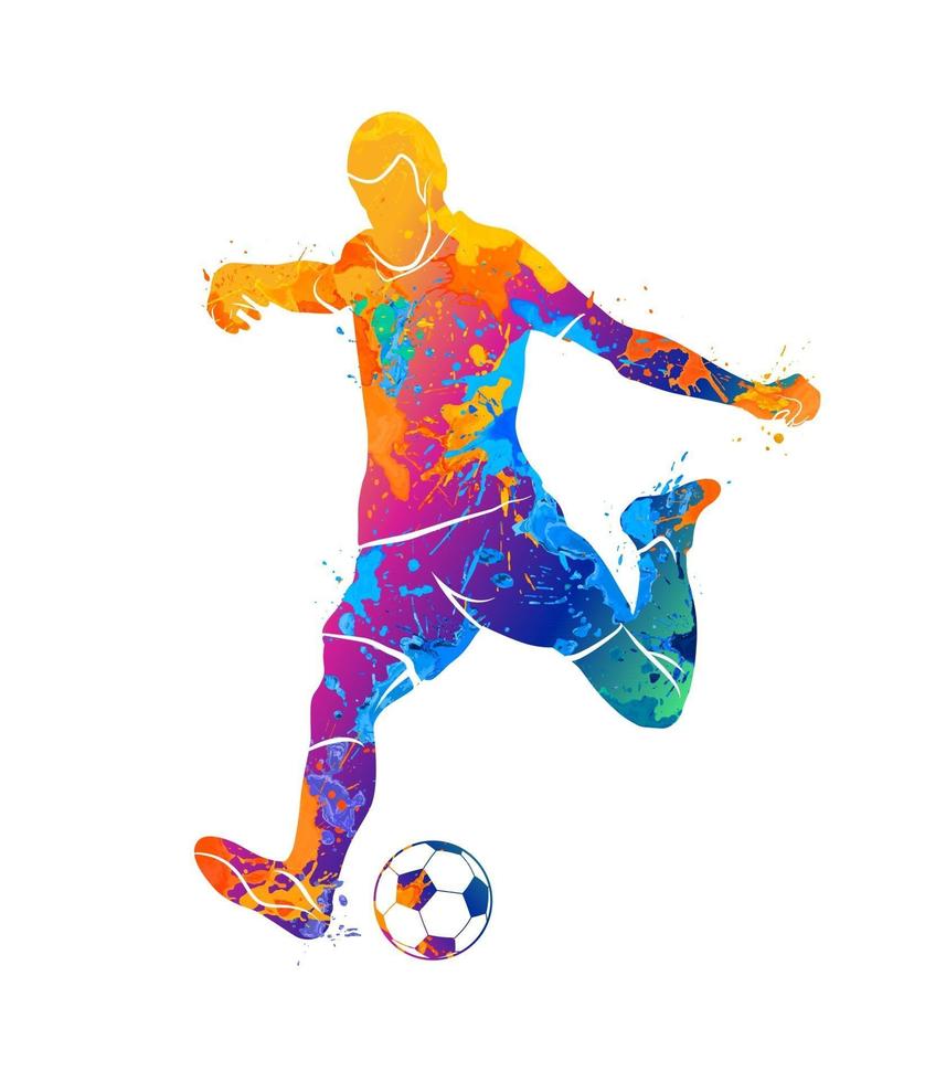Abstract soccer player quick shooting a ball from splash of watercolors. Vector illustration of paints.