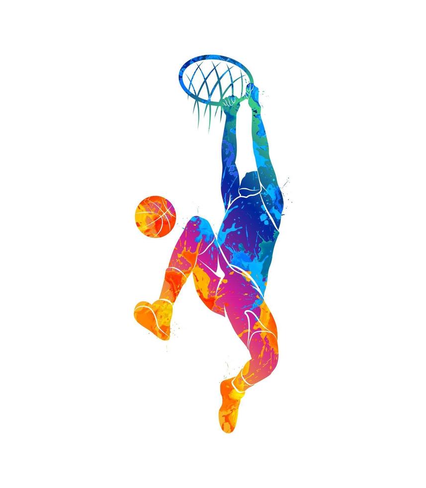 Silhouette basketball player with ball from splash of watercolors. Vector illustration of paints.