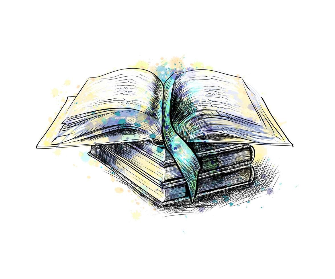 Stack of multi colored books and open book from a splash of watercolor, hand drawn sketch. Vector illustration of paints