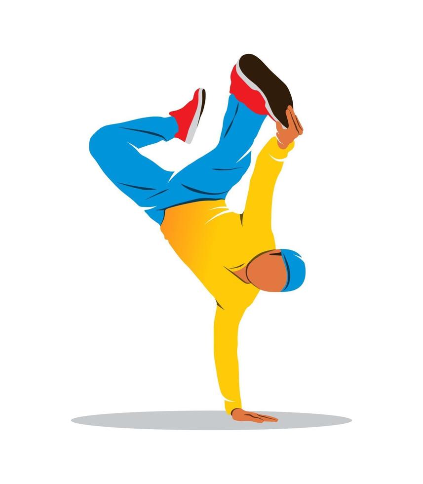 Breakdancer bailando y haciendo un friso en una mano plantilla de diseño de logotipo corporativo de identidad de marca acrobática de hip hop aislada sobre fondo blanco. ilustración vectorial. vector