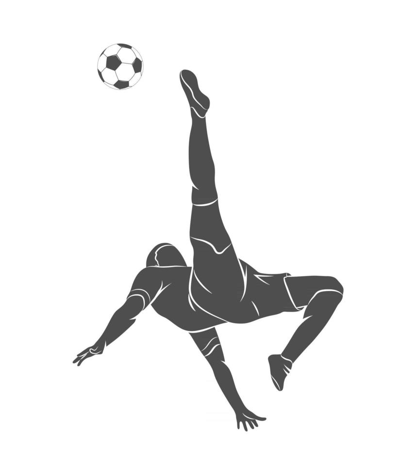 Silueta de jugador de fútbol disparar rápidamente una pelota sobre un fondo blanco ilustración vectorial. vector