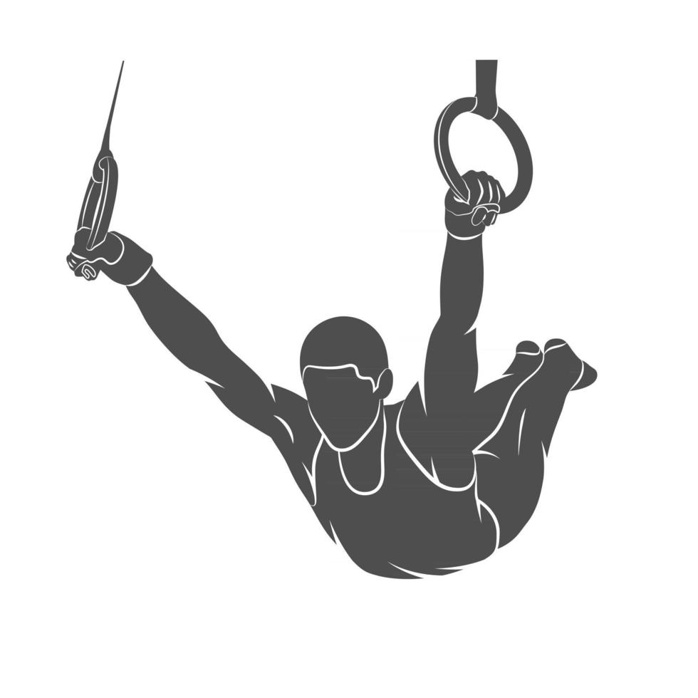 Silhouette gymnast on rings on a white background. Vector illustration.