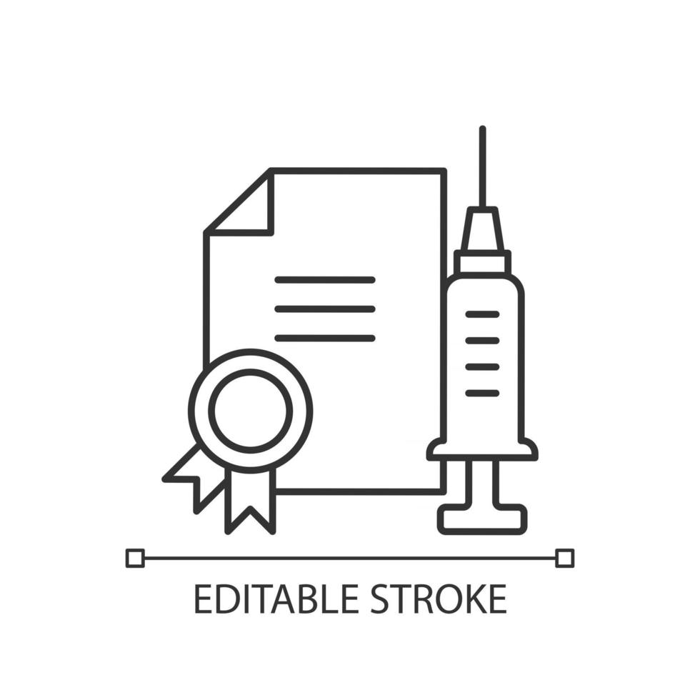 Vaccine quality certificate linear icon. Vaccination license. Disease treatment. Thin line customizable illustration. Contour symbol. Vector isolated outline drawing. Editable stroke