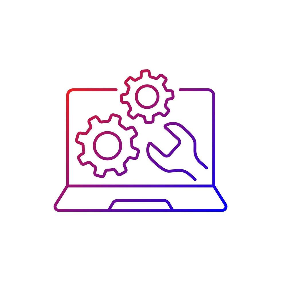 Computer repair service gradient linear vector icon. Installing software on notebook. Upgrading system, PC maintenance. Thin line color symbols. Modern style pictogram. Vector isolated outline drawing