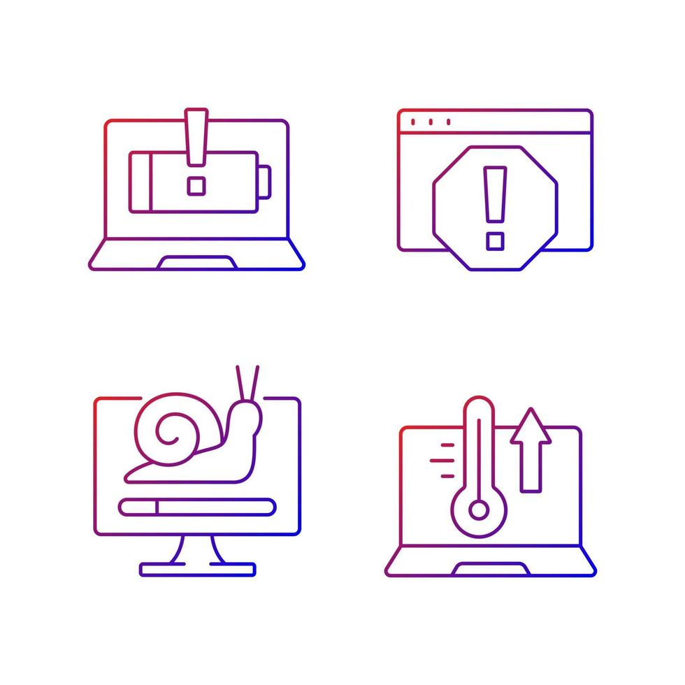 Computer errors gradient linear vector icons set. Battery not charging. System error window. Slow processing. Thin line contour symbols bundle. Isolated vector outline illustrations collection