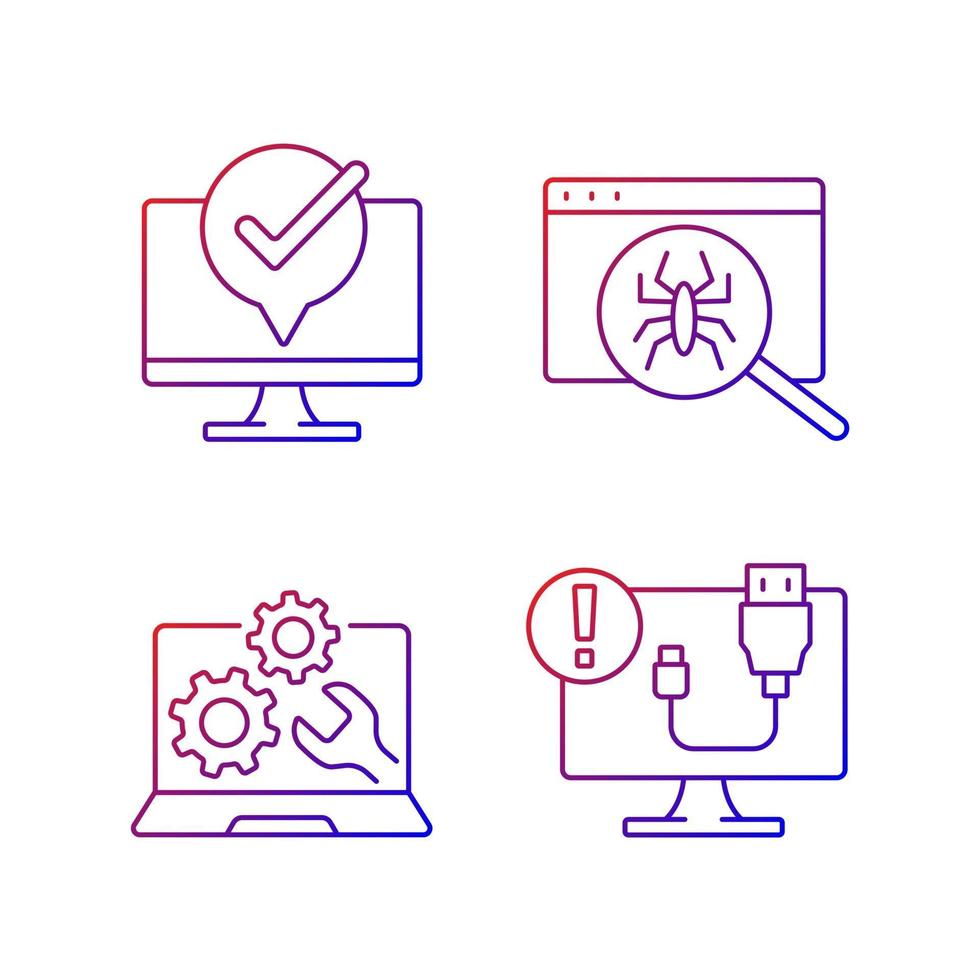 Computer diagnostics gradient linear vector icons set. Laptop maintenance. Virus search. USB cable disconnect. Thin line contour symbols bundle. Isolated vector outline illustrations collection