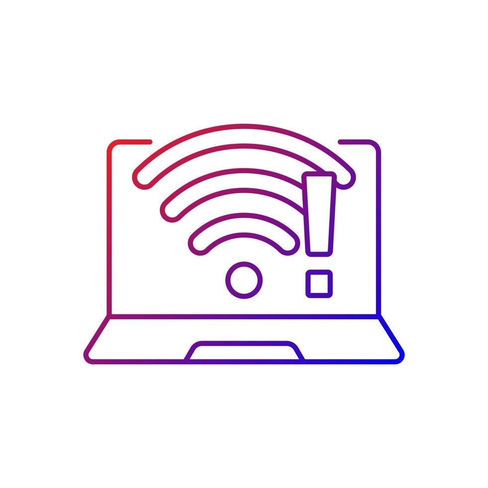 Wi fi does not work gradient linear vector icon. Wireless connection issue, weak signal. No internet. Fix wifi. Thin line color symbols. Modern style pictogram. Vector isolated outline drawing