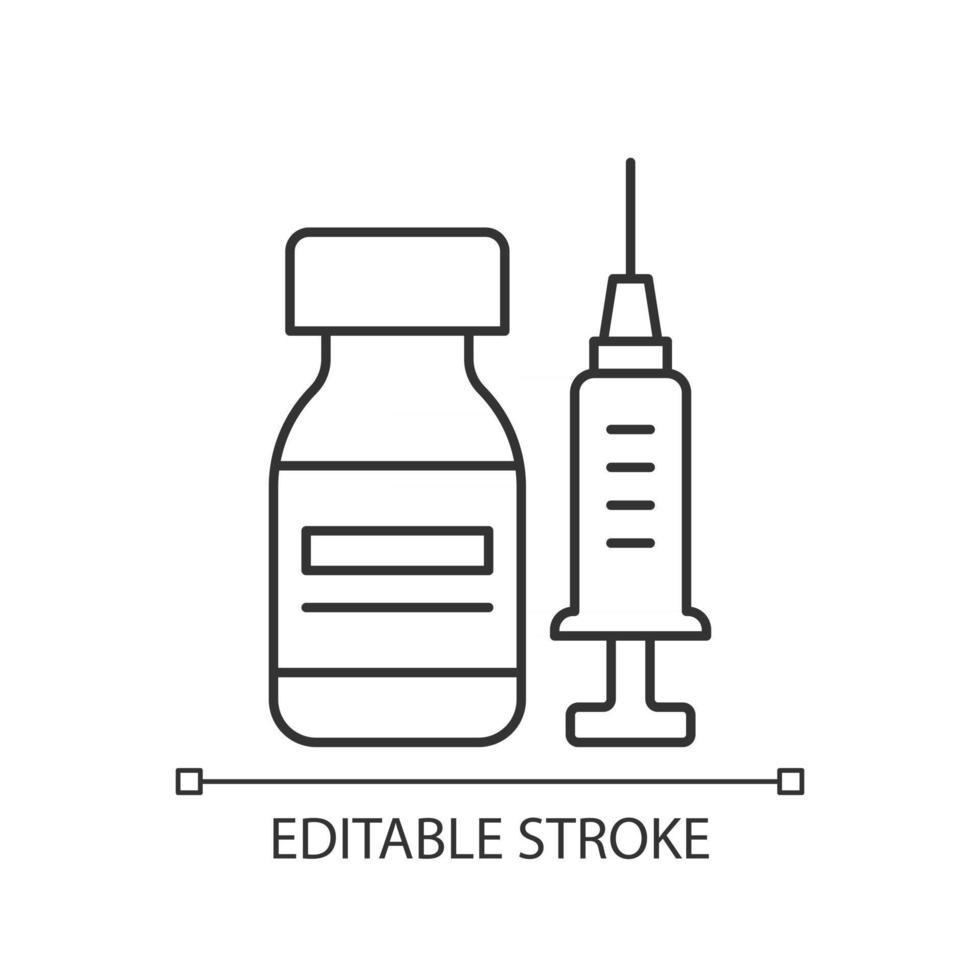 Vaccine bottle linear icon. Vial with drug and syringe. Pharmaceutical remedy. Medication for flu. Thin line customizable illustration. Contour symbol. Vector isolated outline drawing. Editable stroke
