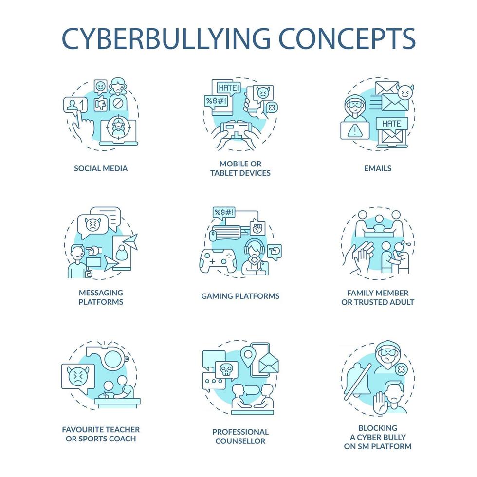 Conjunto de iconos de concepto de ciberacoso. Acoso a personas en línea idea ilustraciones en color rgb de línea delgada. medios de comunicación social. miembro de la familia, adulto de confianza. dibujos de contorno aislados vectoriales. trazo editable vector