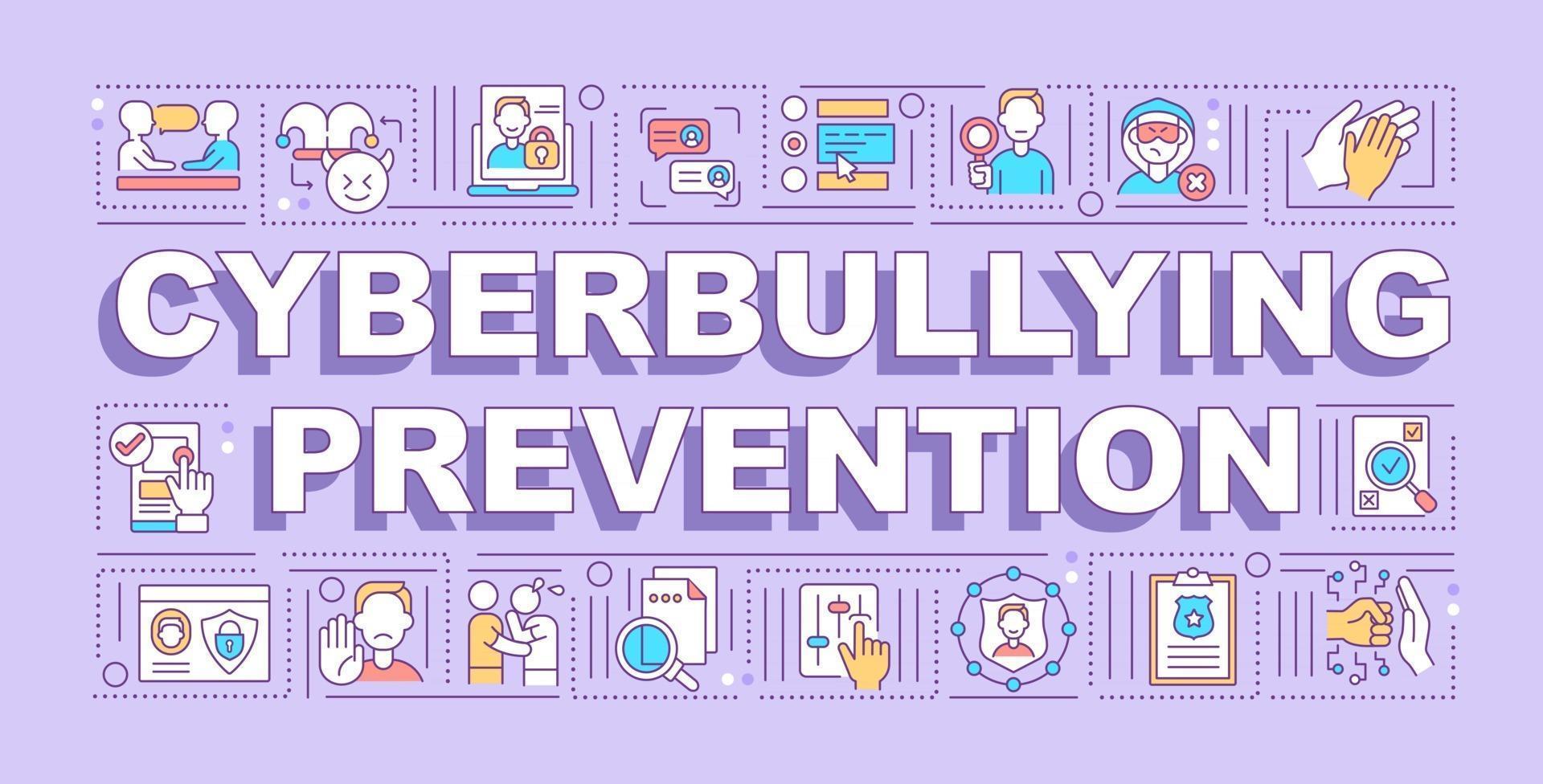 Cyberbullying prevention word concepts banner. Personal stuff privacy. Awareness. Infographics with linear icons on purple background. Isolated typography. Vector outline RGB color illustration