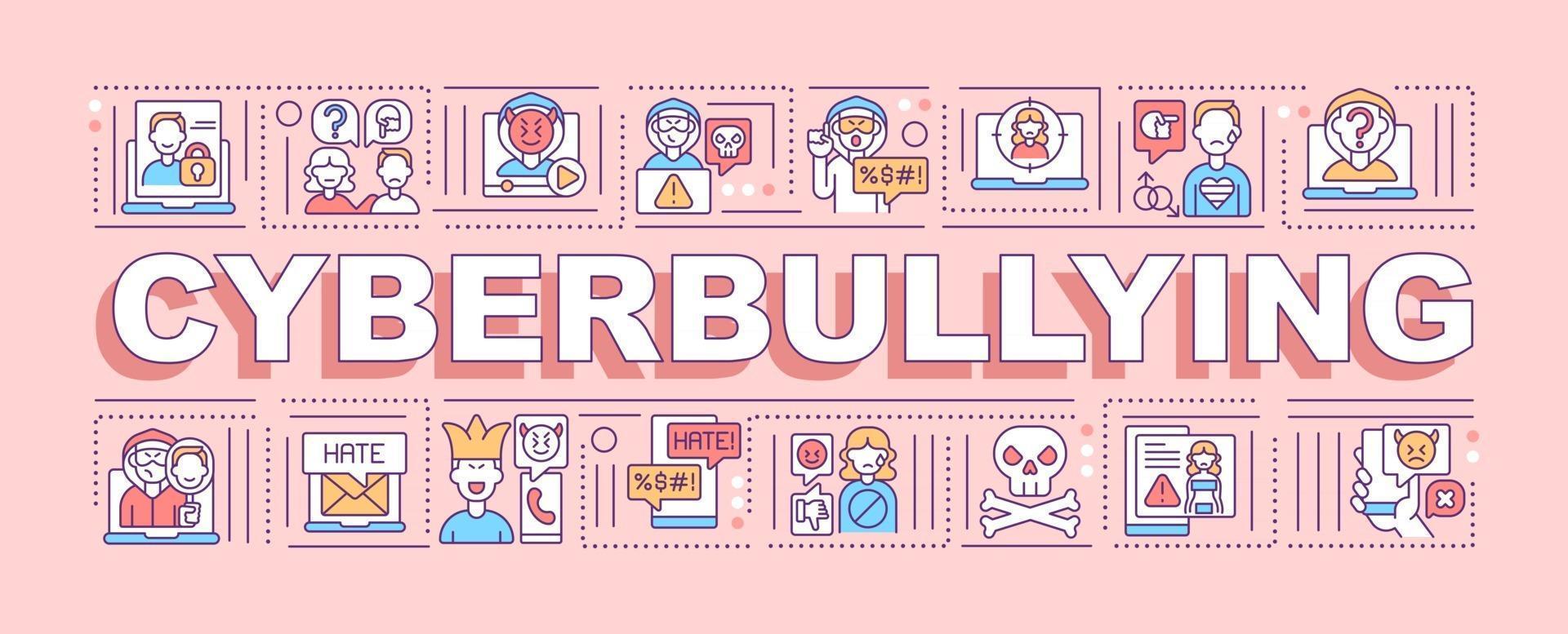 Cyberbullying word concepts banner. Spreading lies and threats online. Cyber humiliation. Infographics with linear icons on pink background. Isolated typography. Vector outline RGB color illustration