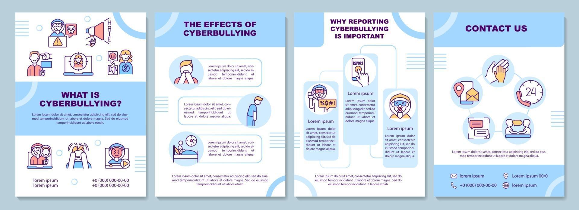 Cyberbullying meaning brochure template. Online harassment effects. Flyer, booklet, leaflet print, cover design with linear icons. Vector layouts for presentation, annual reports, advertisement pages