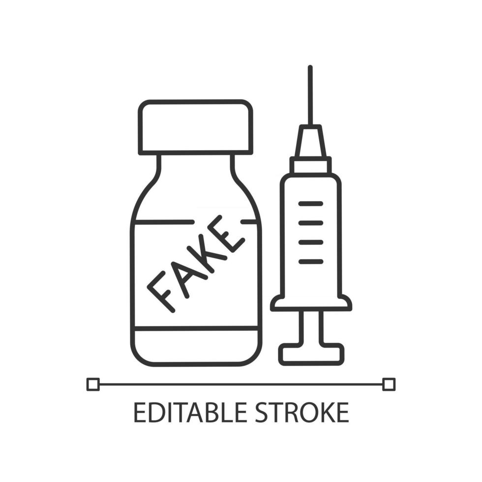 Fake vaccine linear icon. False covid drug. Fraudulent medication. Disease treatment problem. Thin line customizable illustration. Contour symbol. Vector isolated outline drawing. Editable stroke