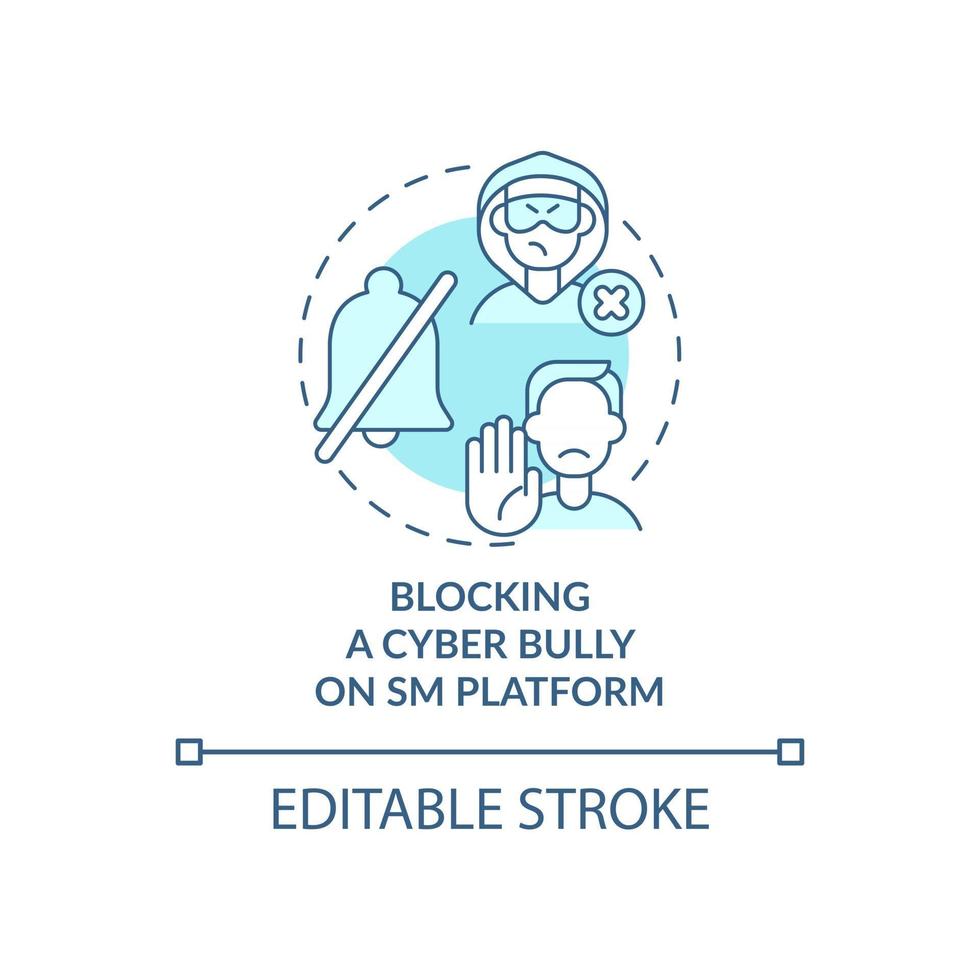 bloqueo de cyber bully en el icono del concepto de plataforma sm. denuncia de ciberacoso idea ilustración de línea fina. Restricción de acciones de cyberstalkers. vector contorno aislado dibujo a color rgb. trazo editable