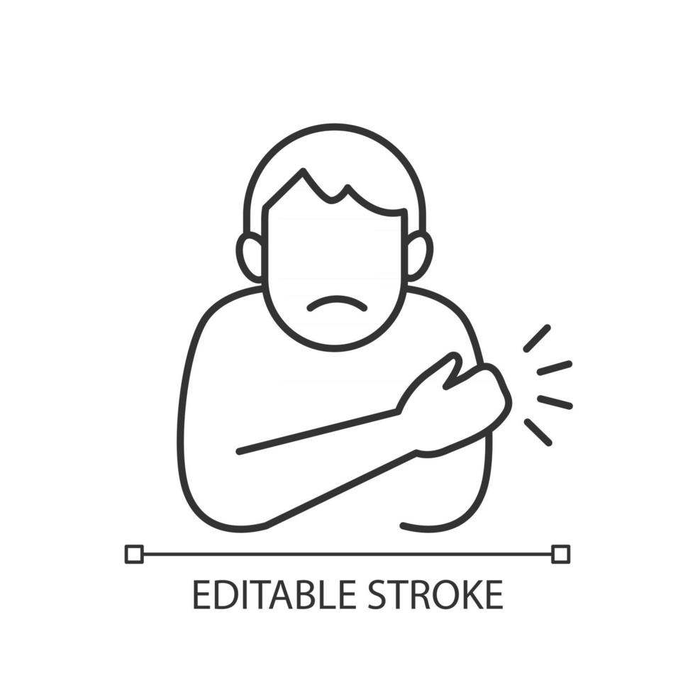 Arm swelling linear icon. Rash on hand. Allergic reaction. Vaccination side effect. Sore arm. Thin line customizable illustration. Contour symbol. Vector isolated outline drawing. Editable stroke