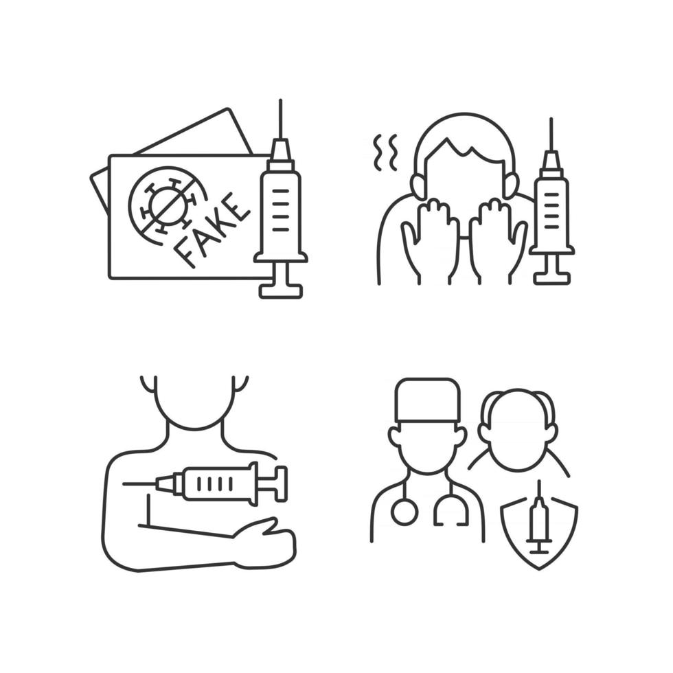 Vaccine inoculation linear icons set. Fake vaccinated tourist passport. Fear of needle. Priority list. Customizable thin line contour symbols. Isolated vector outline illustrations. Editable stroke