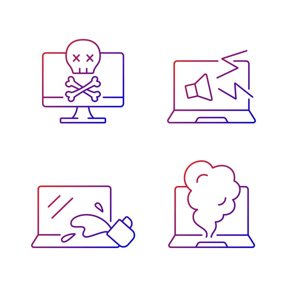 Broken laptop gradient linear vector icons set. Water damage symptoms in hardware. Notebook strange noises. Thin line contour symbols bundle. Isolated vector outline illustrations collection