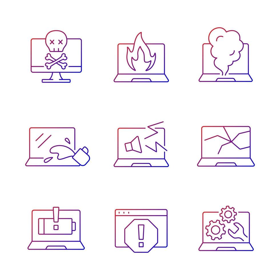 Computer damage gradient linear vector icons set. Burning notebook. smoke from keyboard. Crashed monitor screen. Thin line contour symbols bundle. Isolated vector outline illustrations collection