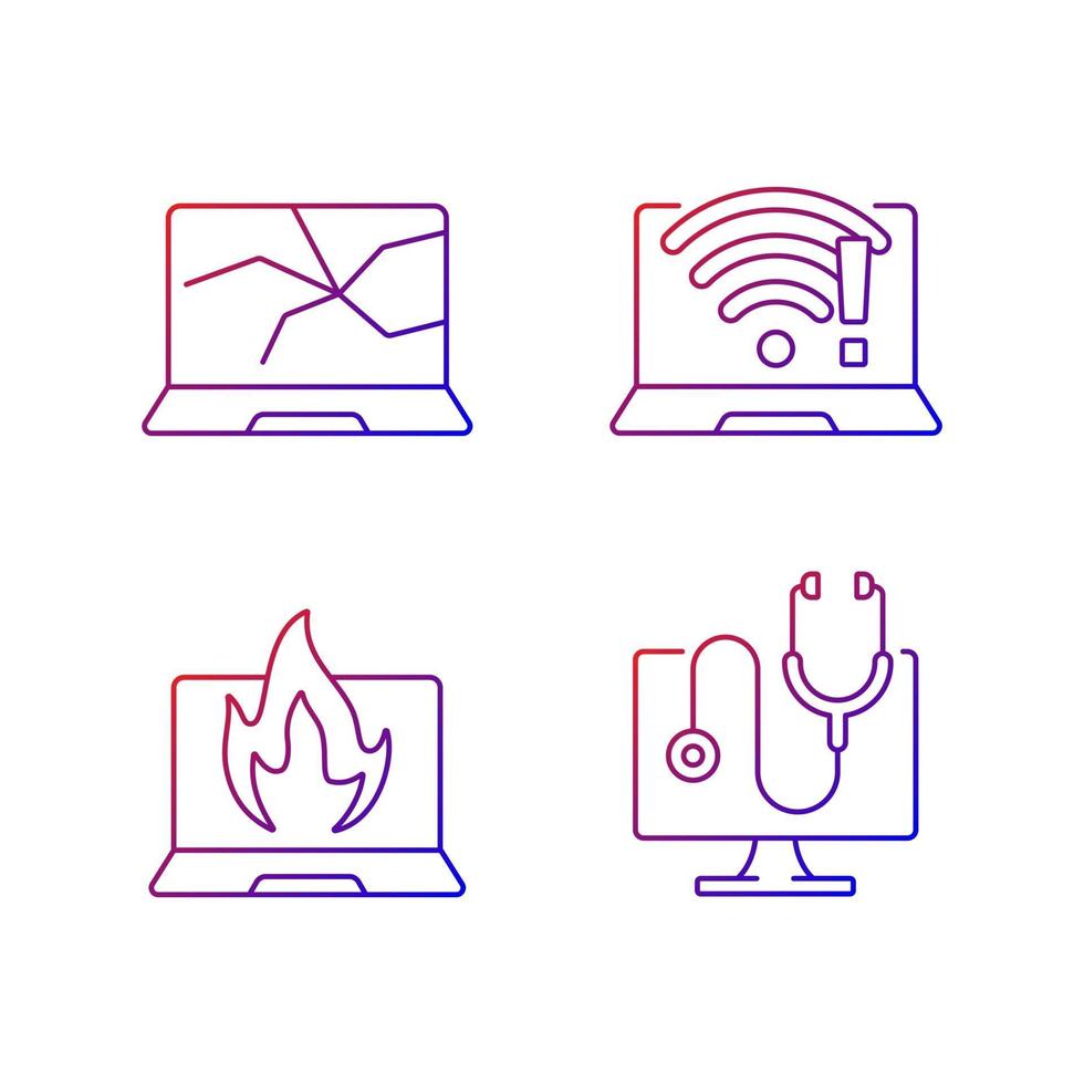 Computer issues gradient linear vector icons set. Crashed monitor, broken display. No wifi. Burning notebook. Thin line contour symbols bundle. Isolated vector outline illustrations collection