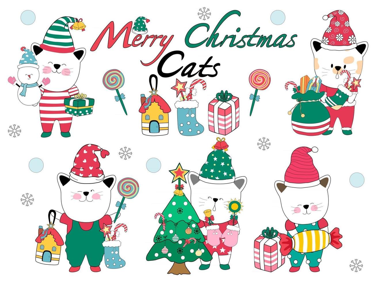 feliz navidad gatos lindos. para decoraciones navideñas, tarjetas, diseños de camisetas, regalos, impresión digital, estampados en tela, papel digital, pegatinas, llaveros, adornos, tazas, artes para niños, manualidades y más vector