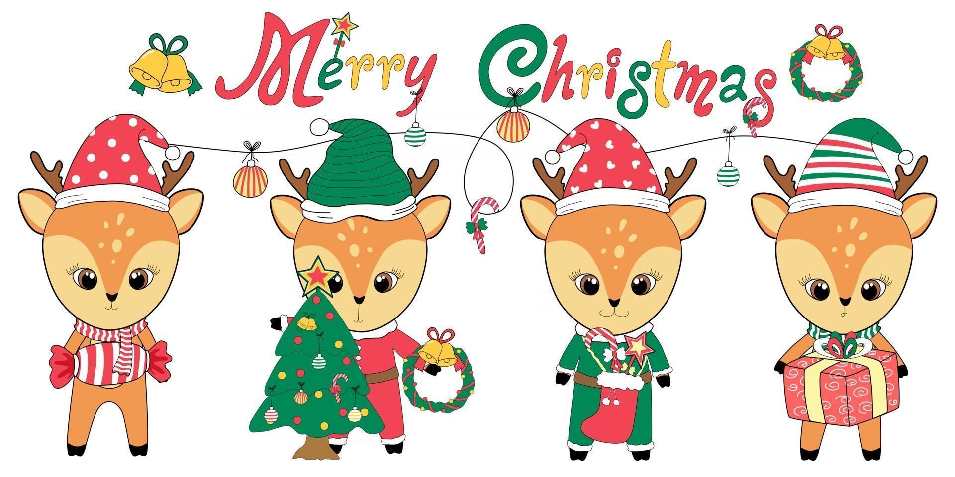 Merry Christmas with little deer. Designed in doodle style. It can be adapted to various applications such as backgrounds, invitation cards, greetings digital print, tshirt design, sticker craft. vector