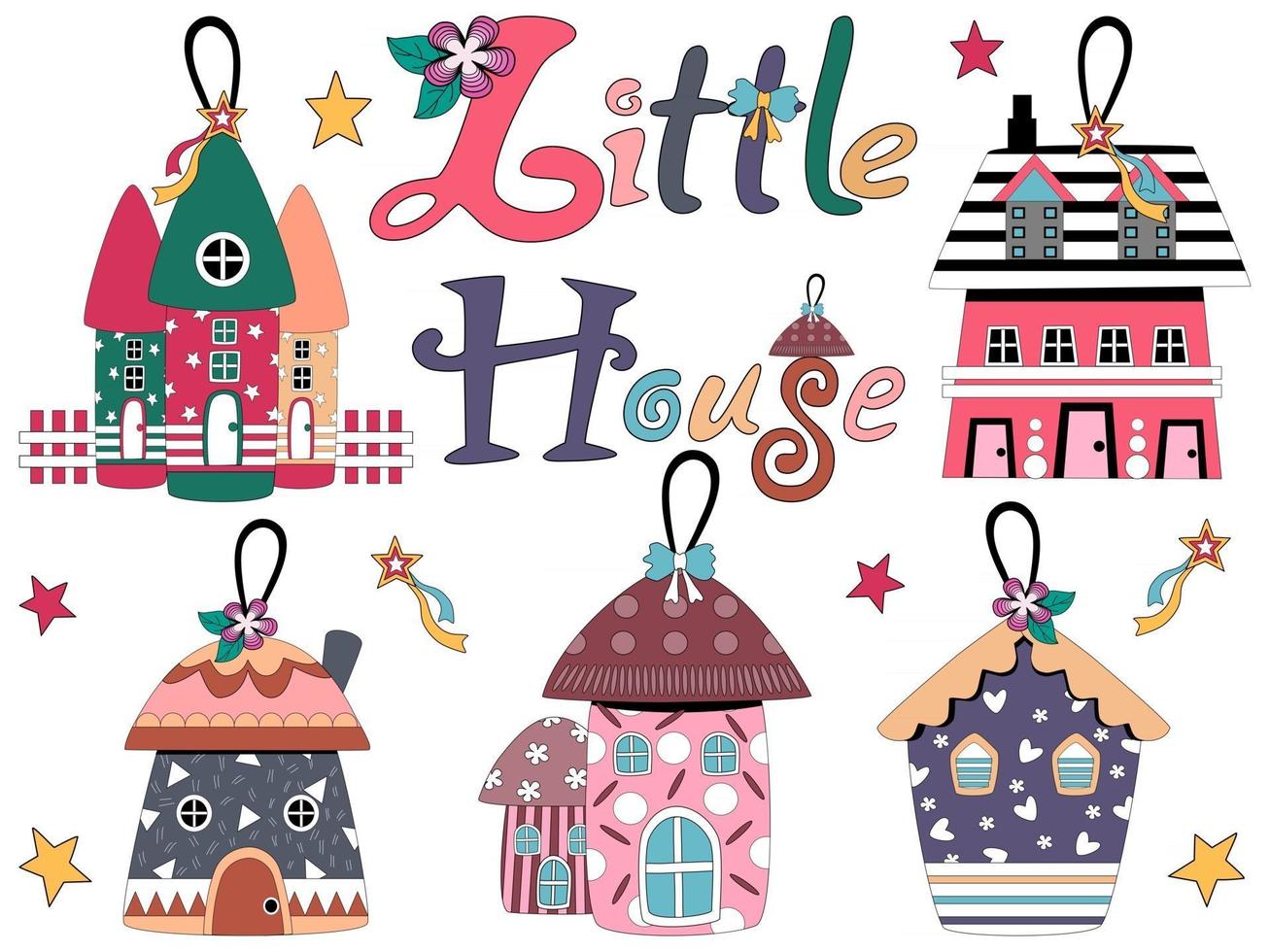 Colorful little houses designed for cards, gifts decorations, ornaments, t-shirt designs digital, paper printed fabrics, Christmas kids art covers, Christmas tree decorations, mug motifs and more vector