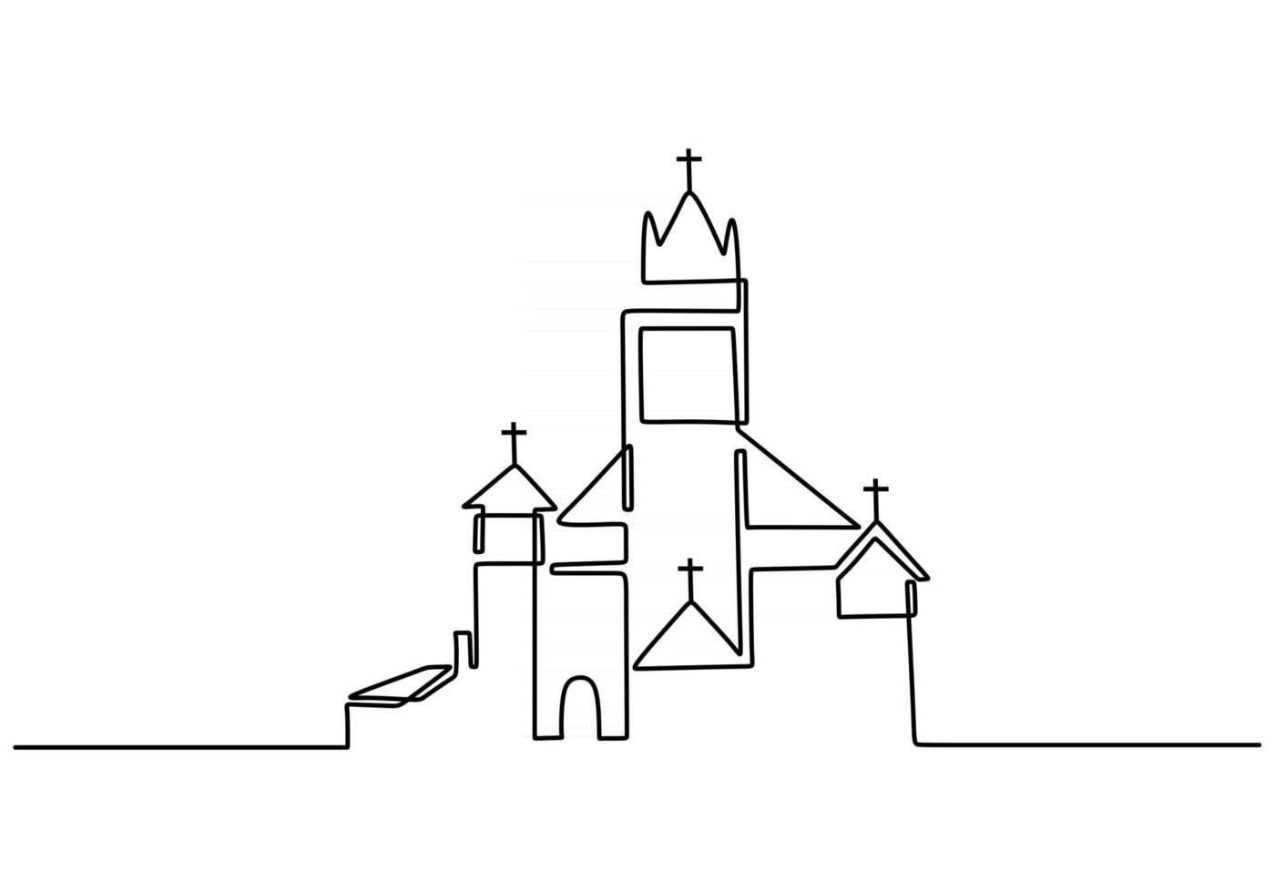 gran iglesia continua de una línea de dibujo vectorial de diseño minimalista. signo de símbolo cristiano aislado un fondo blanco. vector