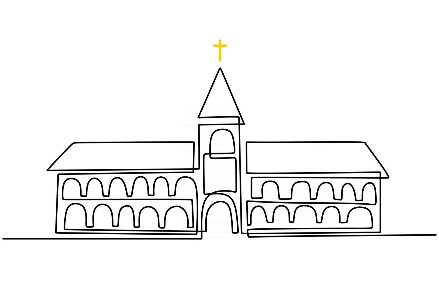 gran iglesia continua de una línea de dibujo vectorial de diseño minimalista. signo de símbolo cristiano aislado un fondo blanco. vector