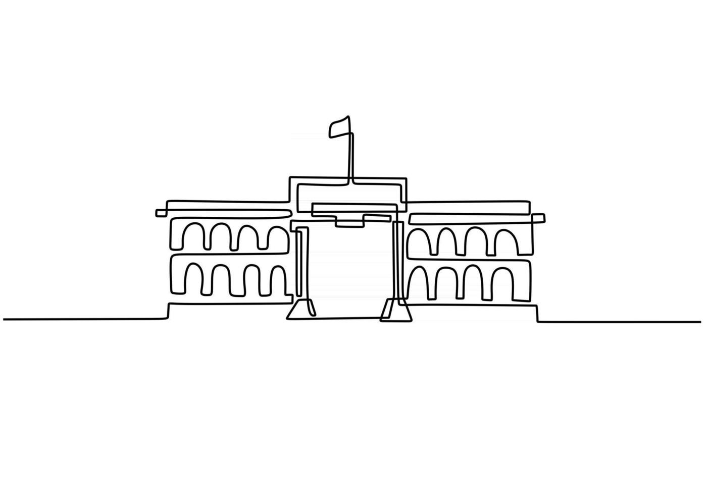 Edificio clásico con columnas en estilo de dibujo continuo de una línea. arquitectura típica para alojamiento gubernamental, judicial, universitario o museo. diseño lineal negro aislado sobre fondo blanco. vector