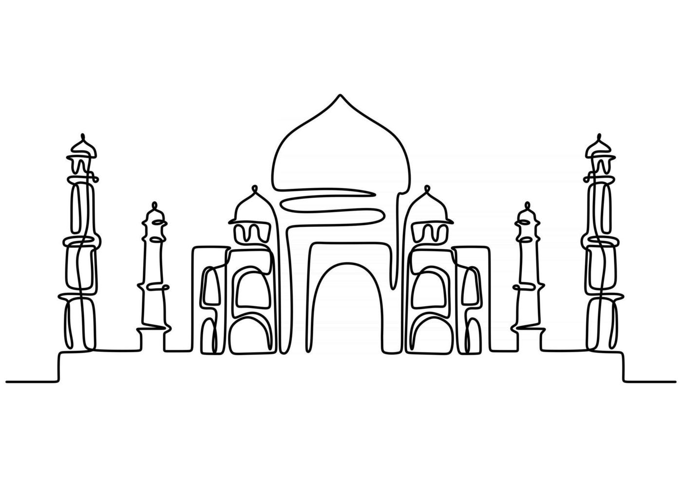 Continuous line of Taj Mahal in indi. One single line of Taj Mahal in india isolated on white background. vector