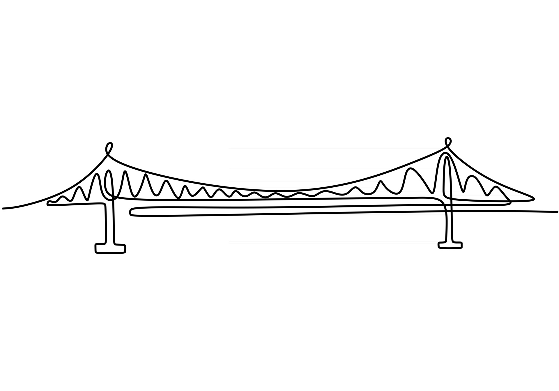 Giant bridge over river. Continuous one line of bridge drawing design
