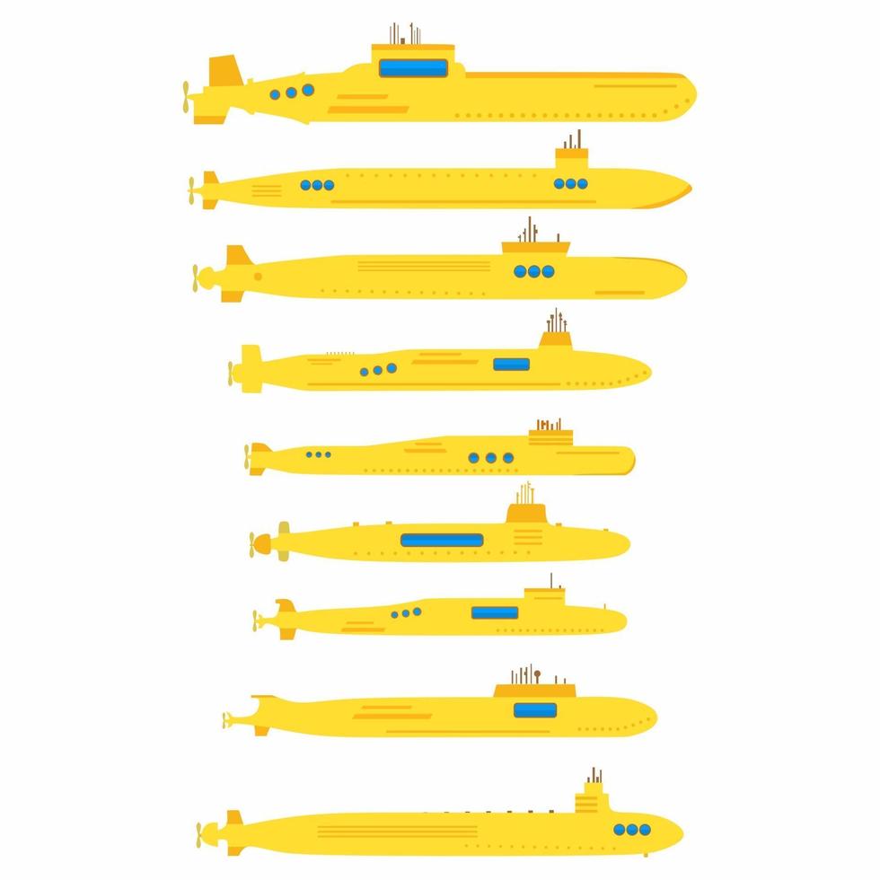 conjunto de submarinos amarillos en estilo de elemento plano aislado sobre fondo blanco. vector