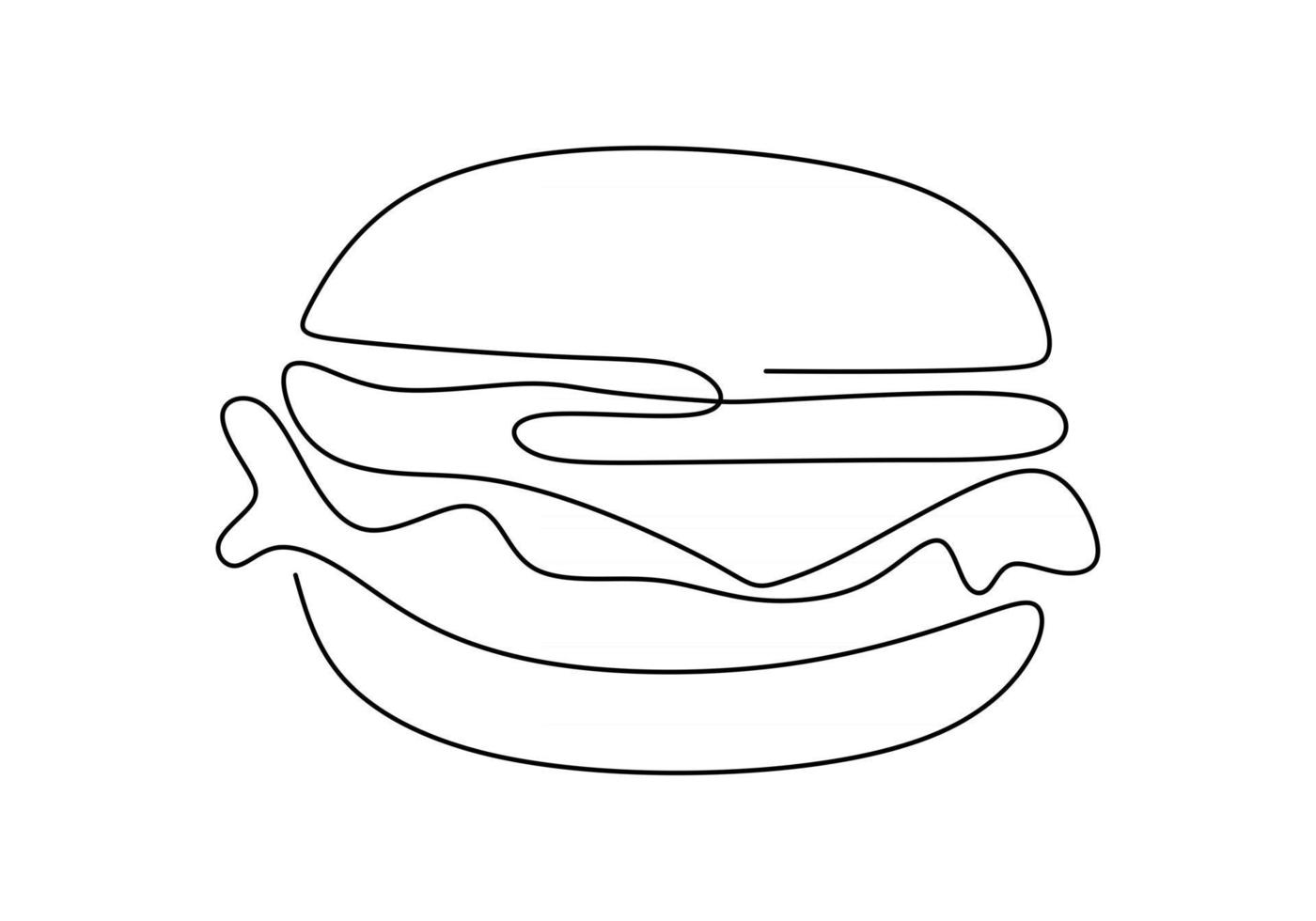 Single continuous line of Hamburger. Big burger fast food in one line style isolated on white background. vector