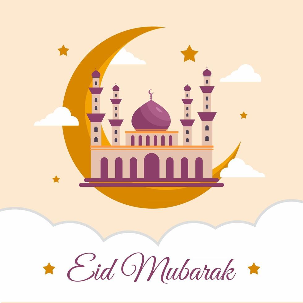 Big mosque and half moon for islamic greeting card. Eid mubarak background with moon and mosque. vector