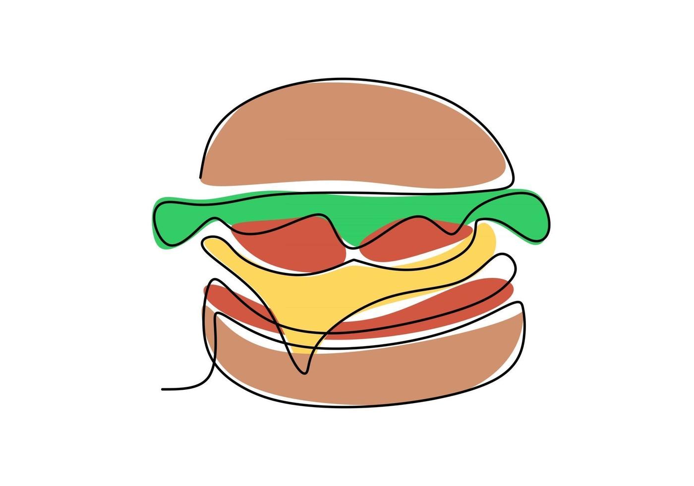 Single continuous line of Hamburger. Big burger fast food in one line style isolated on white background. vector