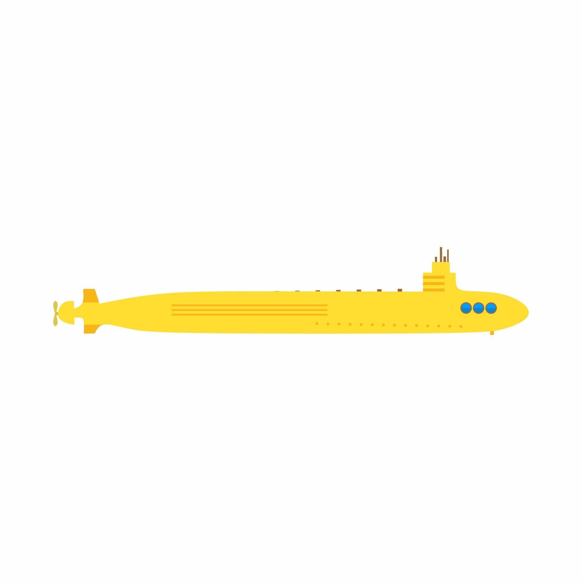 Yellow submarine in flat element style isolated on white background